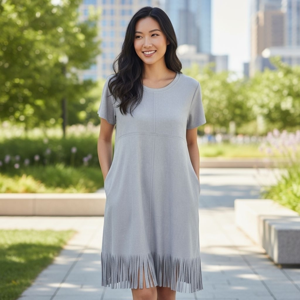 Joh Faux Genuine Suede Short Sleeve Western Bottom Fringe Dress Light Gray M